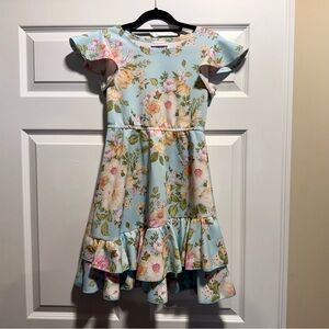 Bonnie Jean Girls Size 14 Beautiful Floral Dress. Flutter Sleeve Ruffle Hem
